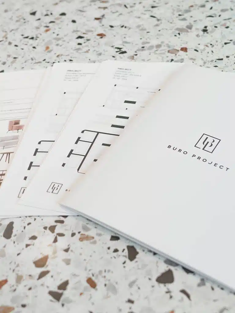 Projectdocumenten van Buro Project met ontwerpen voor kantine-inrichting