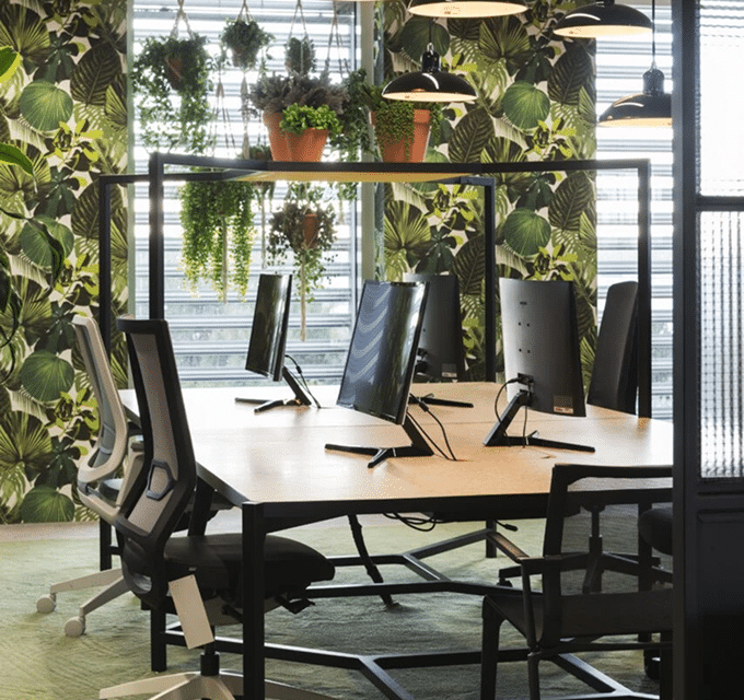 Duurzaam kantoorontwerp met natuurlijke materialen en veel groen tijdens een kantoorrenovatie