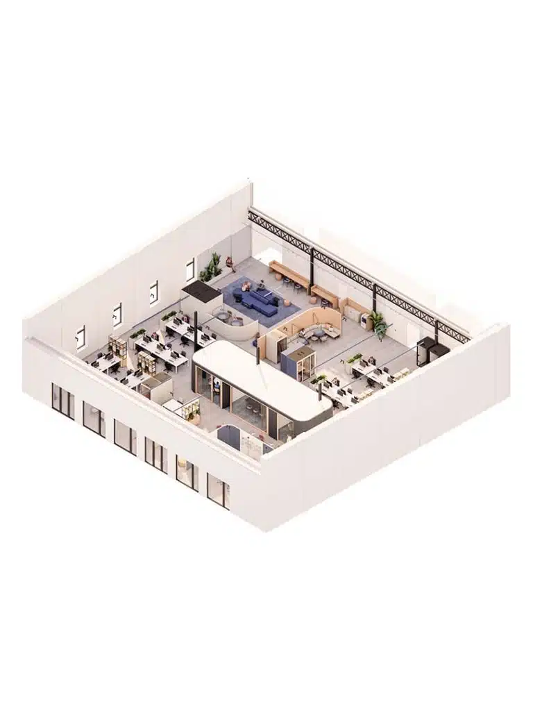 3D-ontwerp van een moderne coworkingruimte met werkplekken en vergaderruimtes