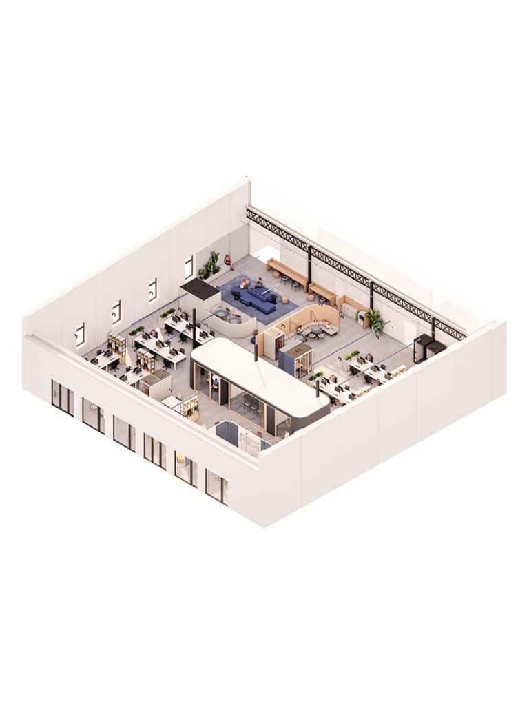 ruimtelijk ontwerp en schetsen voor een nieuw kantoorconcept