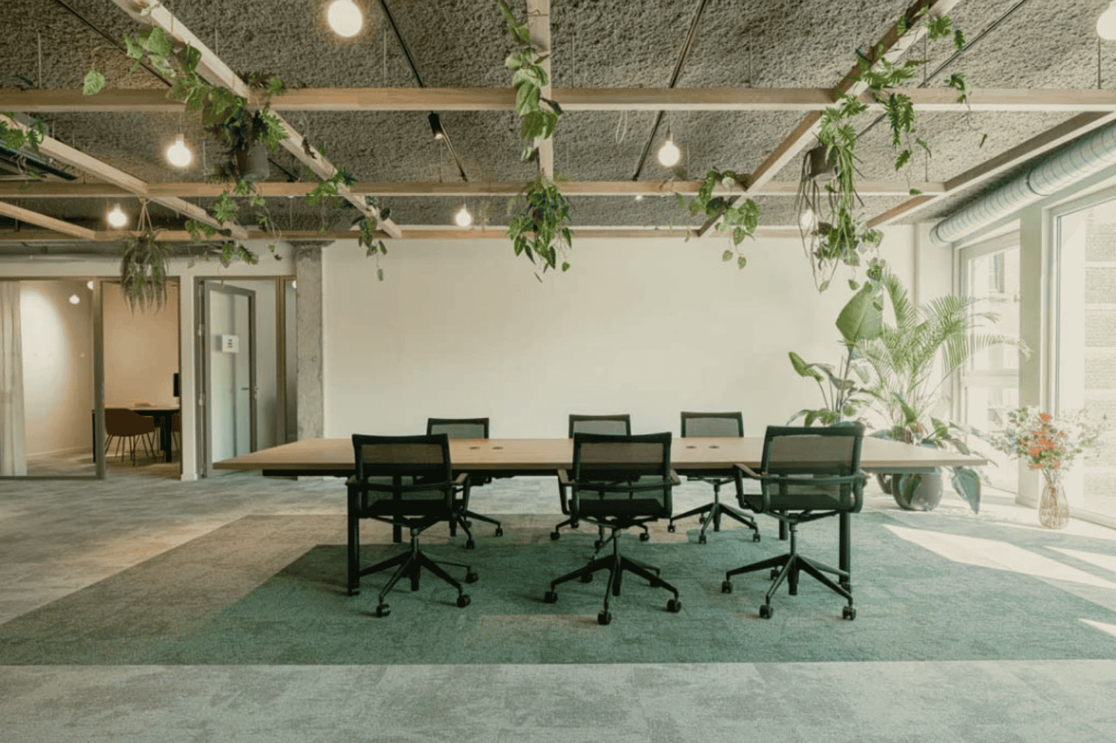 Vergaderruimte met natuurlijk licht en planten aan het plafond