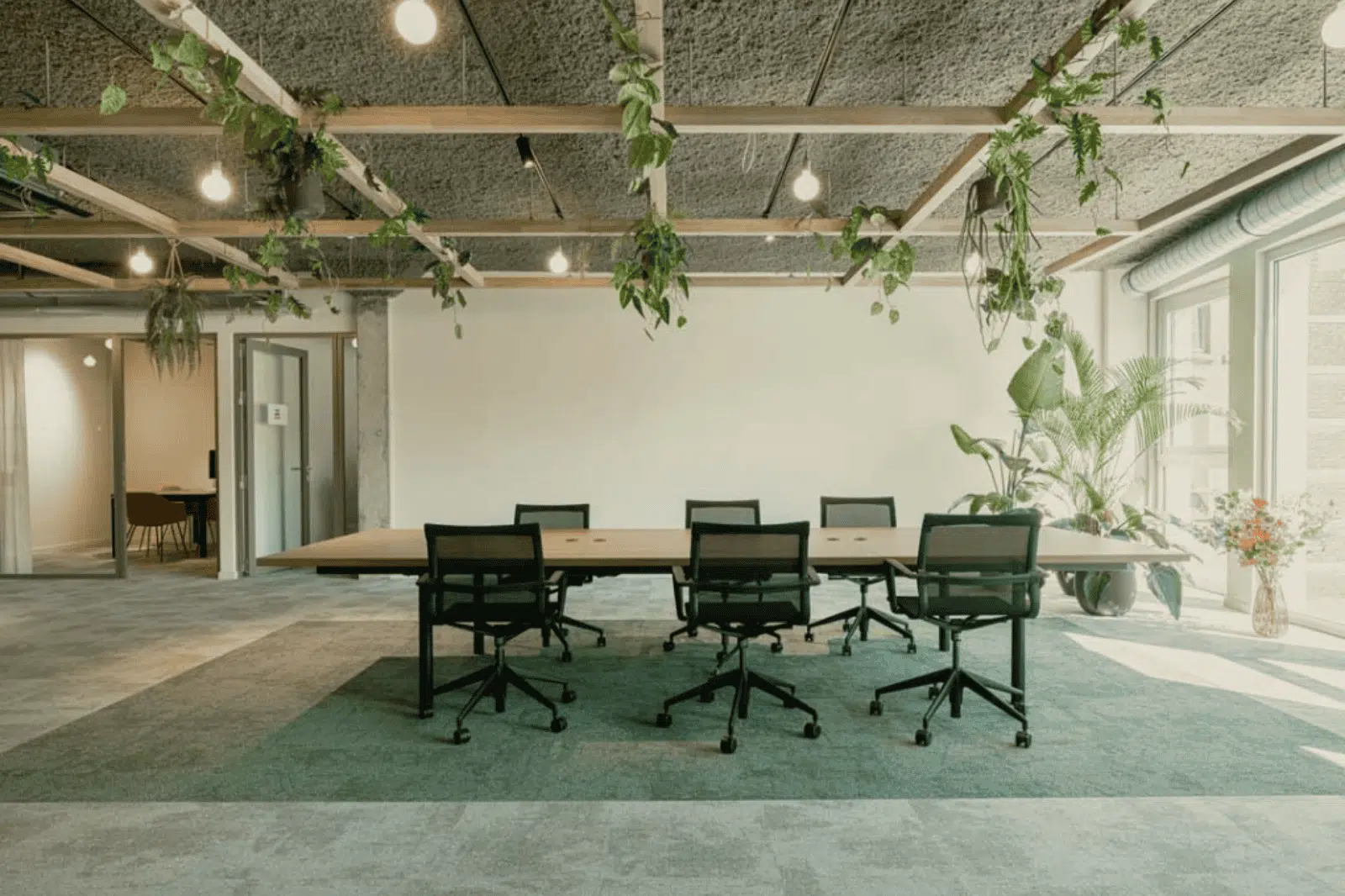 Vergaderruimte met natuurlijk licht en planten aan het plafond